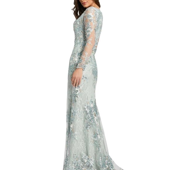 NWT MAC DUGGAL EMBELLISHED V NECK ILLUSION LONG SLEEVE GOWN 67539 SEA MIST - Picture 6 of 11
